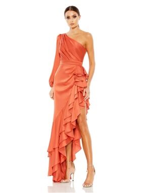 Women's Mac Duggal One Shoulder Ruffle High-Low Dress in Orange - Size 4